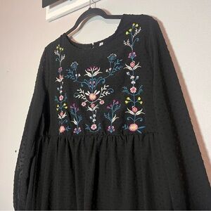 Xhilaration Dress Mini Length Y2K Black Swiss Dot Embroidered Long Sleeve Large